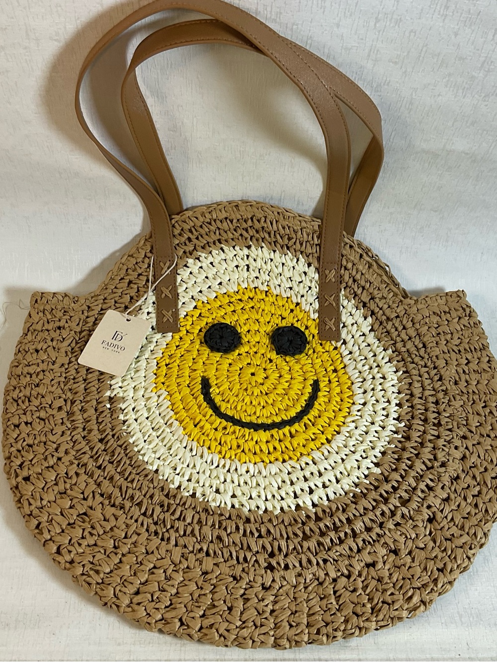 Faddio Smiley Straw Shoulder Bag in Brown and Yellow